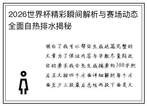 2026世界杯精彩瞬间解析与赛场动态全面自热排水揭秘