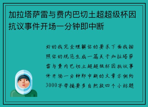 加拉塔萨雷与费内巴切土超超级杯因抗议事件开场一分钟即中断 加拉塔萨雷与费内巴切土超超级杯因抗议事件开场一分钟即中断