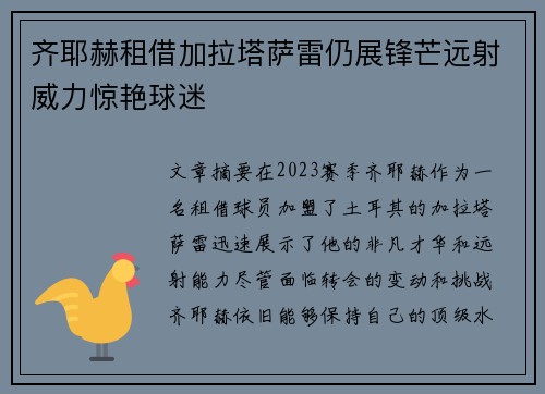 齐耶赫租借加拉塔萨雷仍展锋芒远射威力惊艳球迷 齐耶赫租借加拉塔萨雷仍展锋芒远射威力惊艳球迷